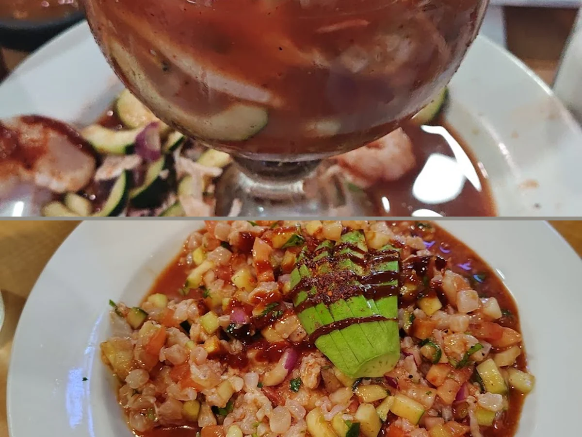 Seafood plates on a casual restaurant table.
