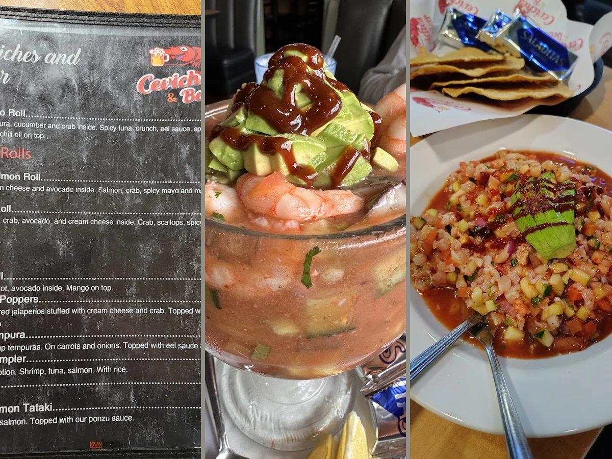 Mexican seafood dishes arranged for dining.